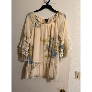 Multiples Womens Floral Print Ruffle Hem Bell Sleeve Tunic Top M Fairy Boho